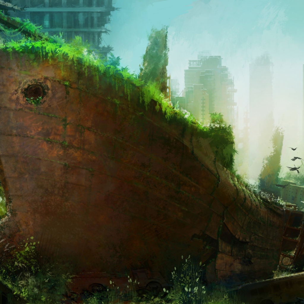 Ржавый корабль среди руин небоскребов