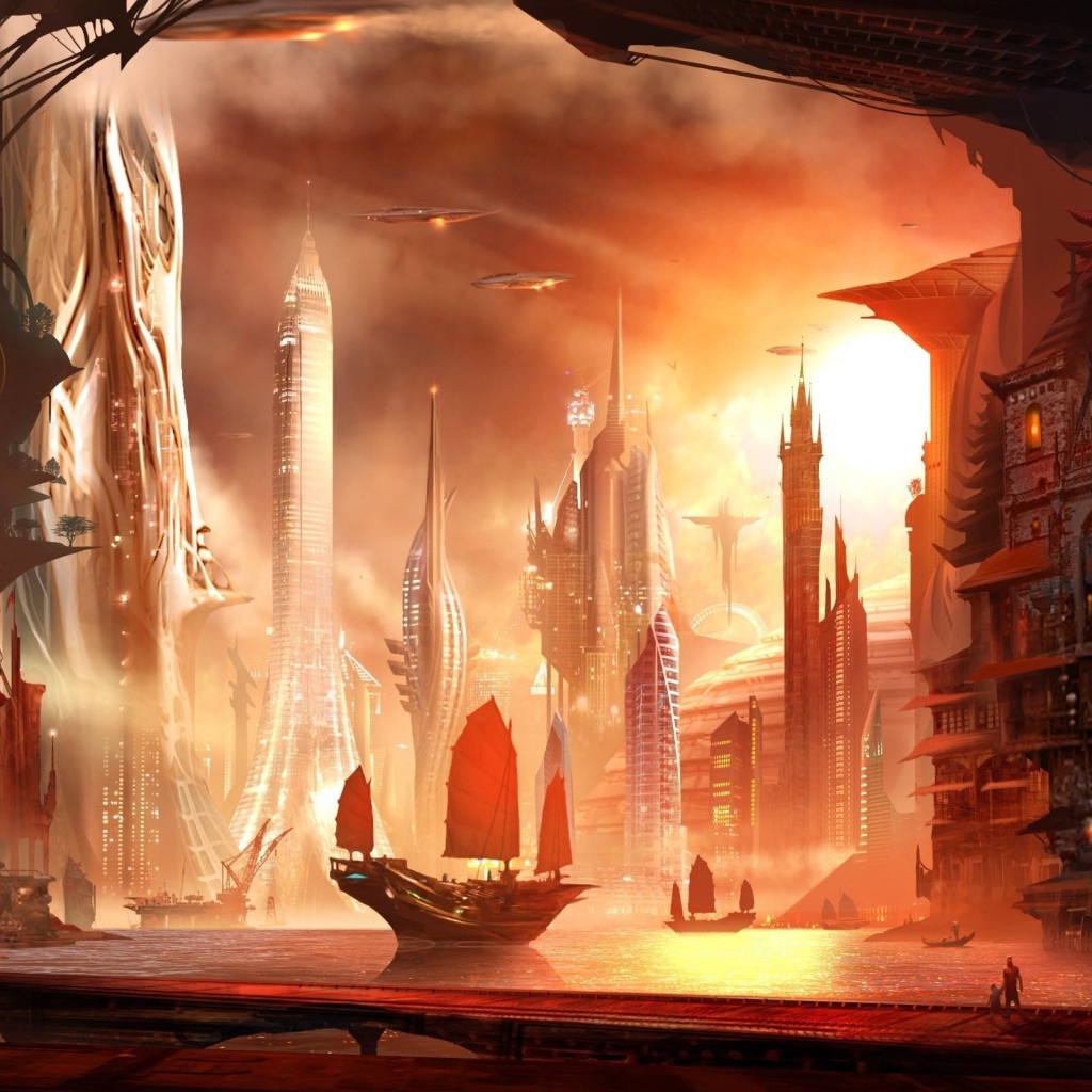 Парусник в азиатском городе будущего