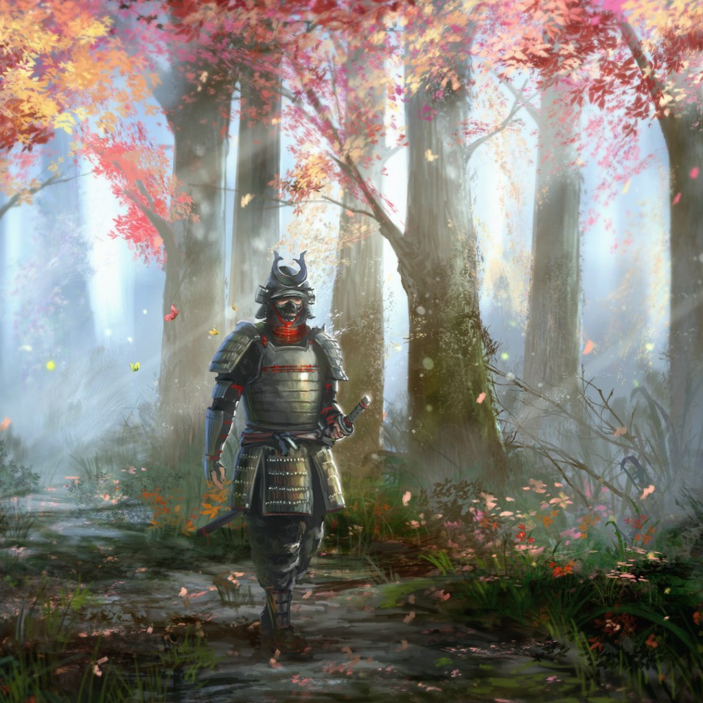 Самурай идет в лесу