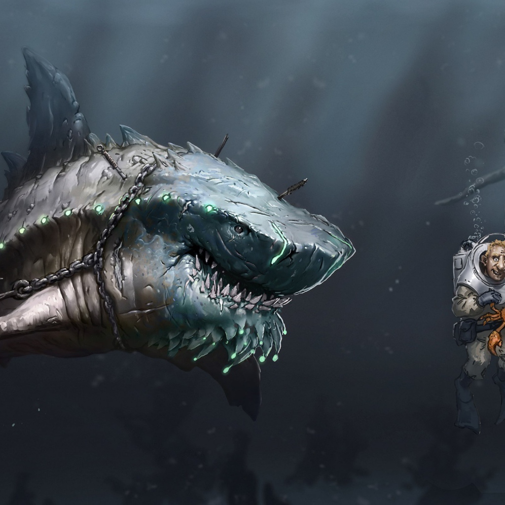 Акула в цепях охотится на дайвера