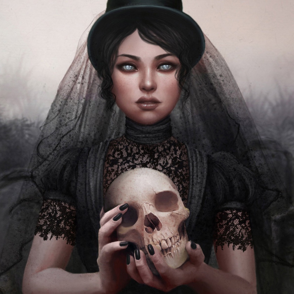 Девушка в трауре с черепом в руках