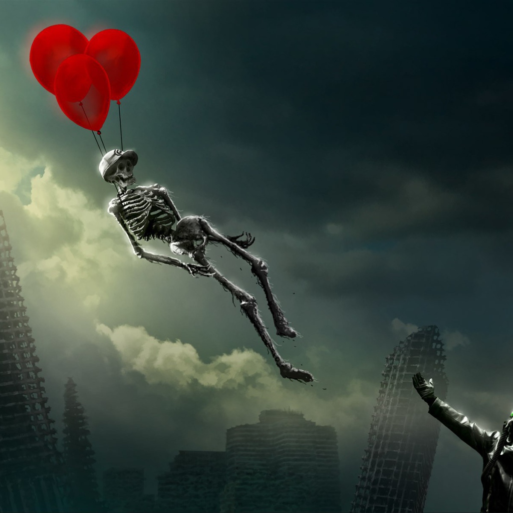Скелет улетает на воздушных шариках