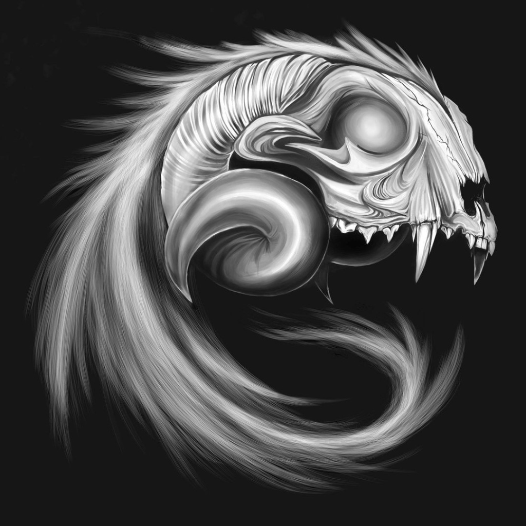 Череп сказочного животного, серый фон