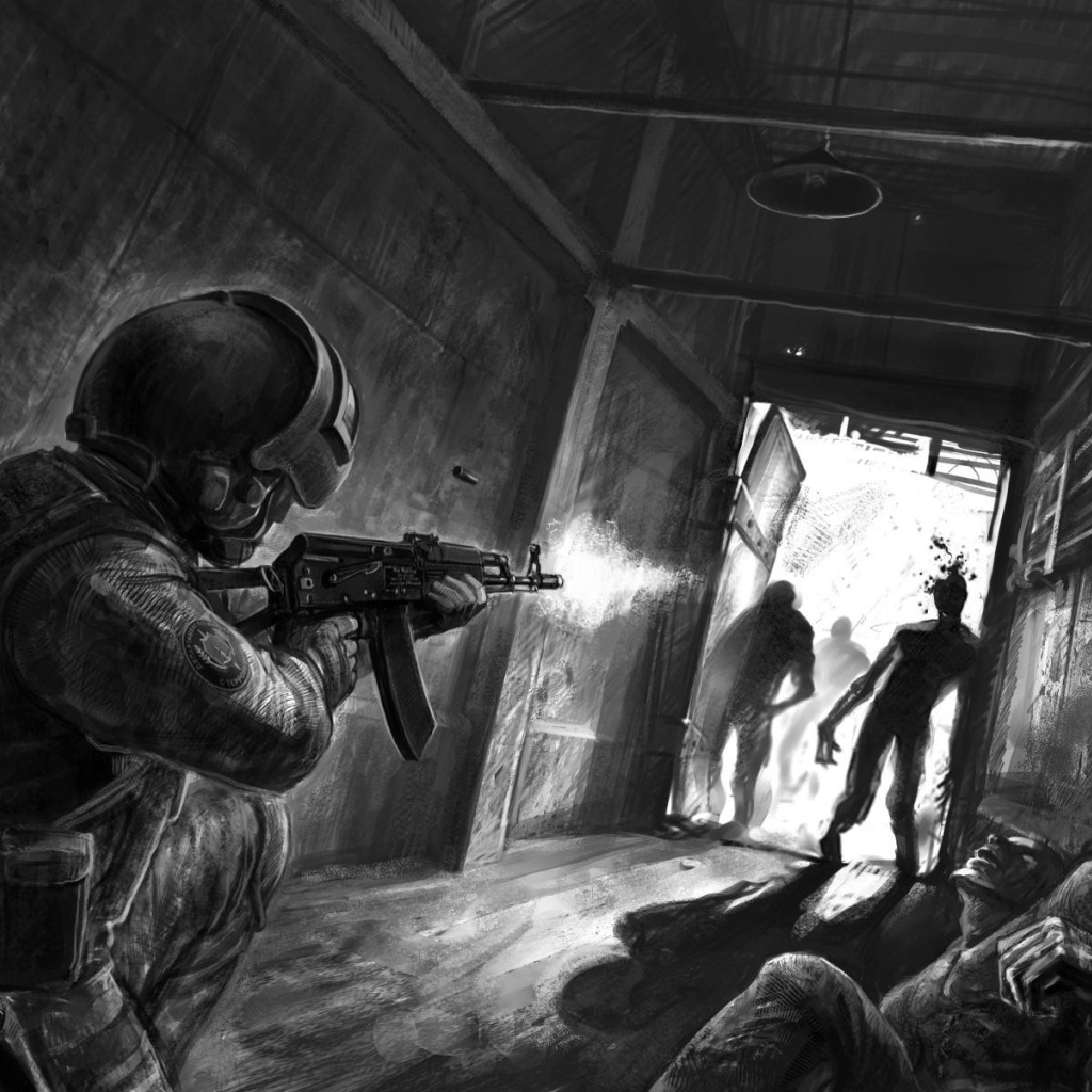 Солдат стреляет в зомби