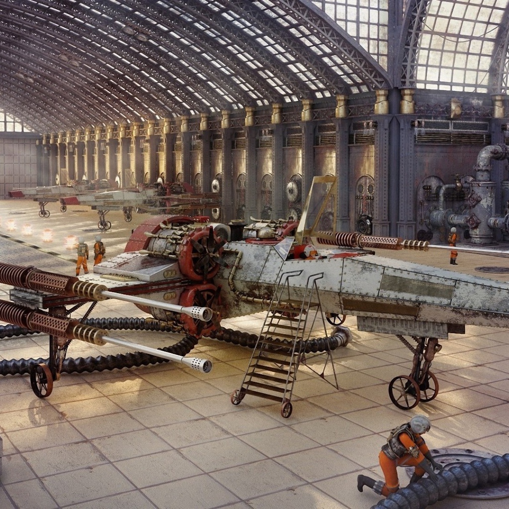 Космический истребитель в ремонтном ангаре