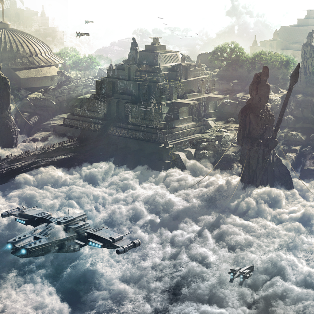 Космический корабль перед храмом развитой цивилизации