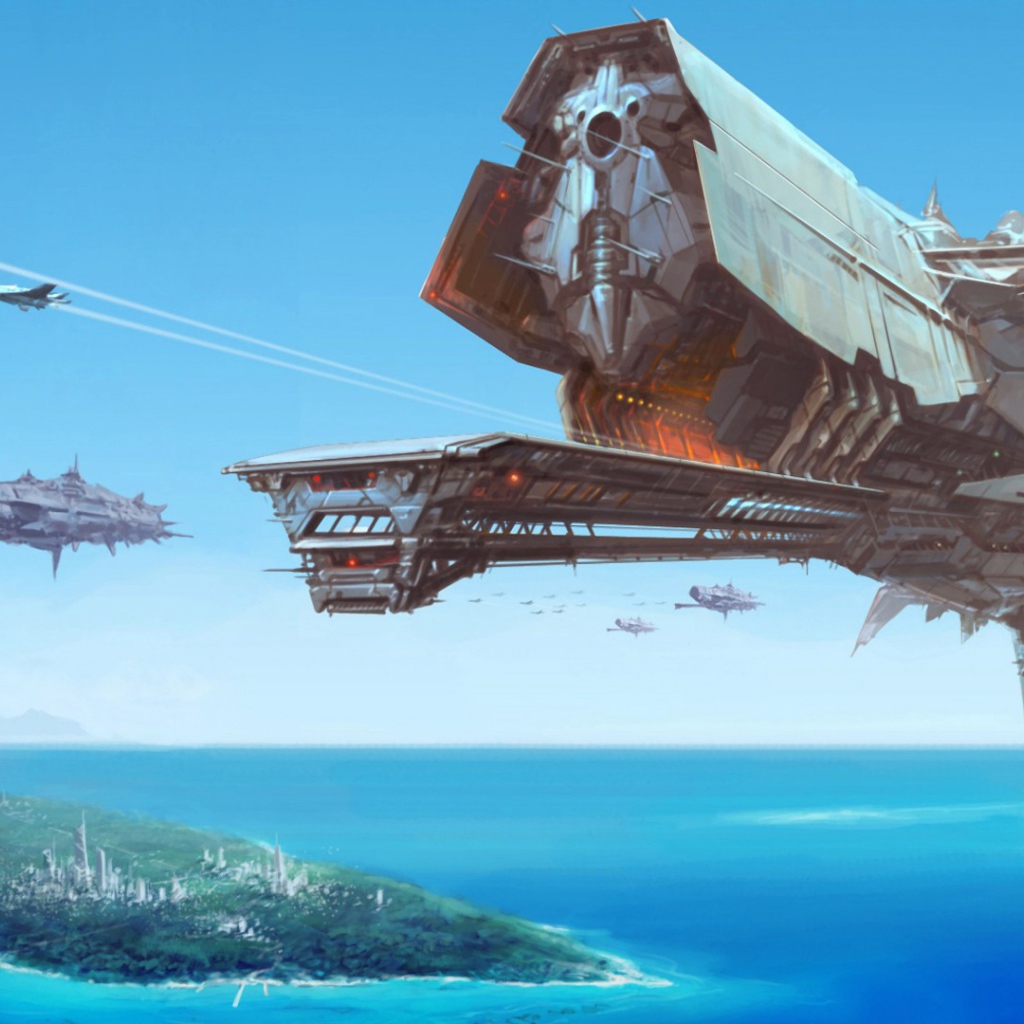 Космический корабль над островом в море