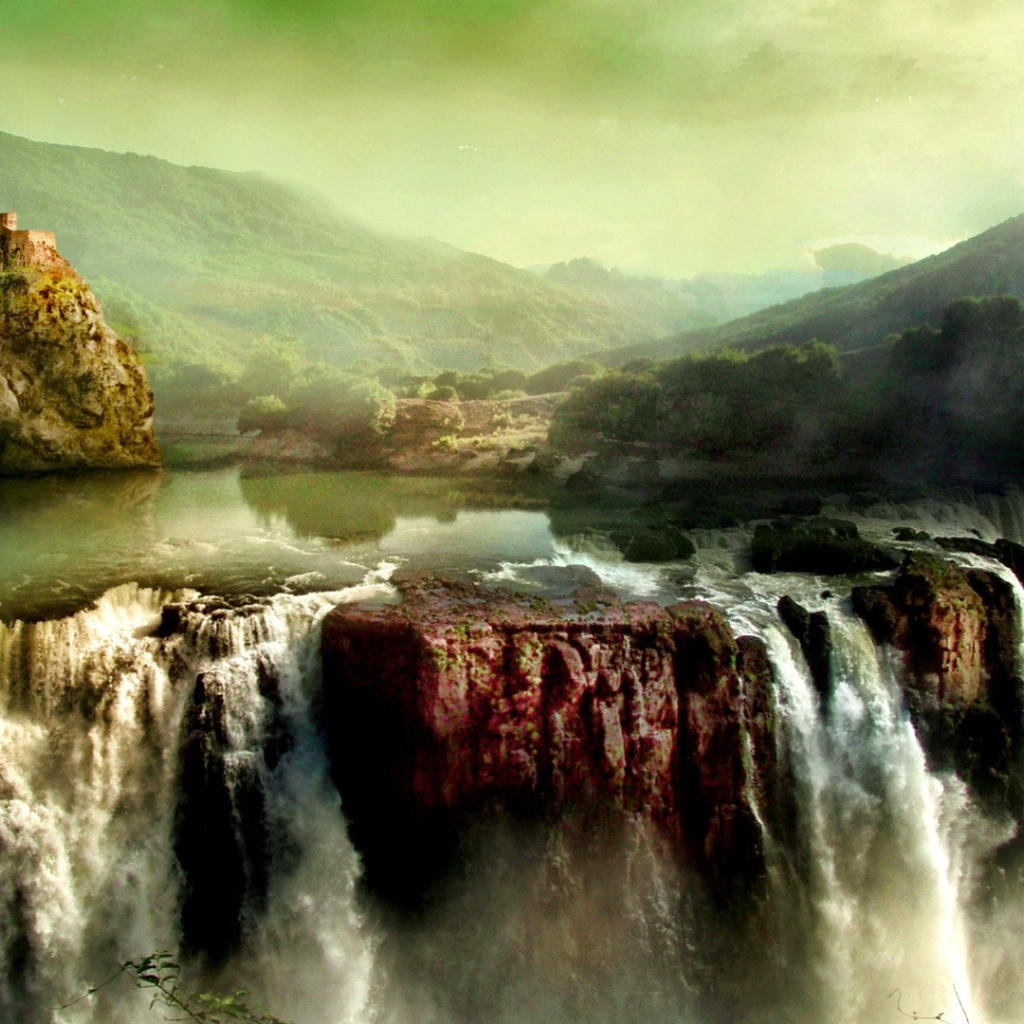 Замок на скале над водопадом