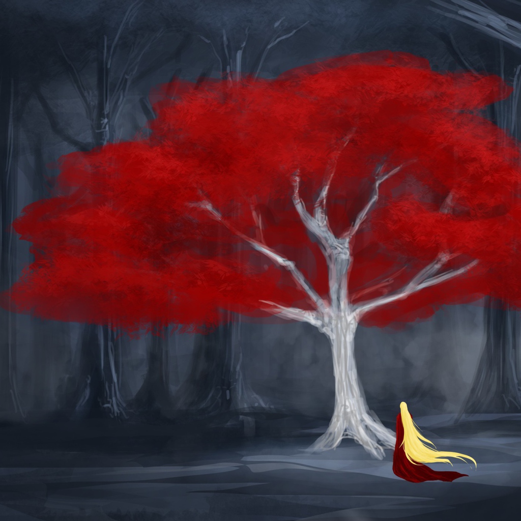 Девушка у красного дерева в мире сказок