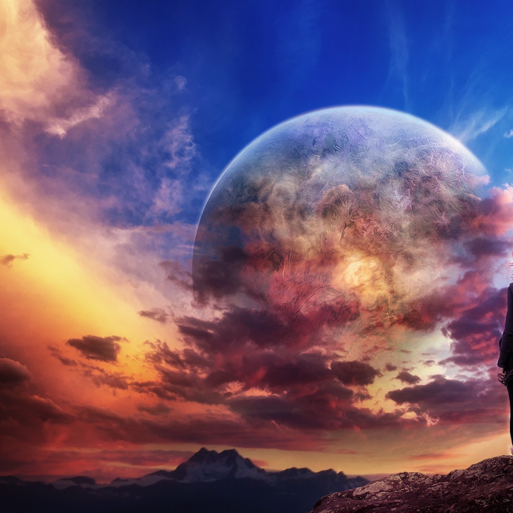 Девушка смотрит на соседнюю планету