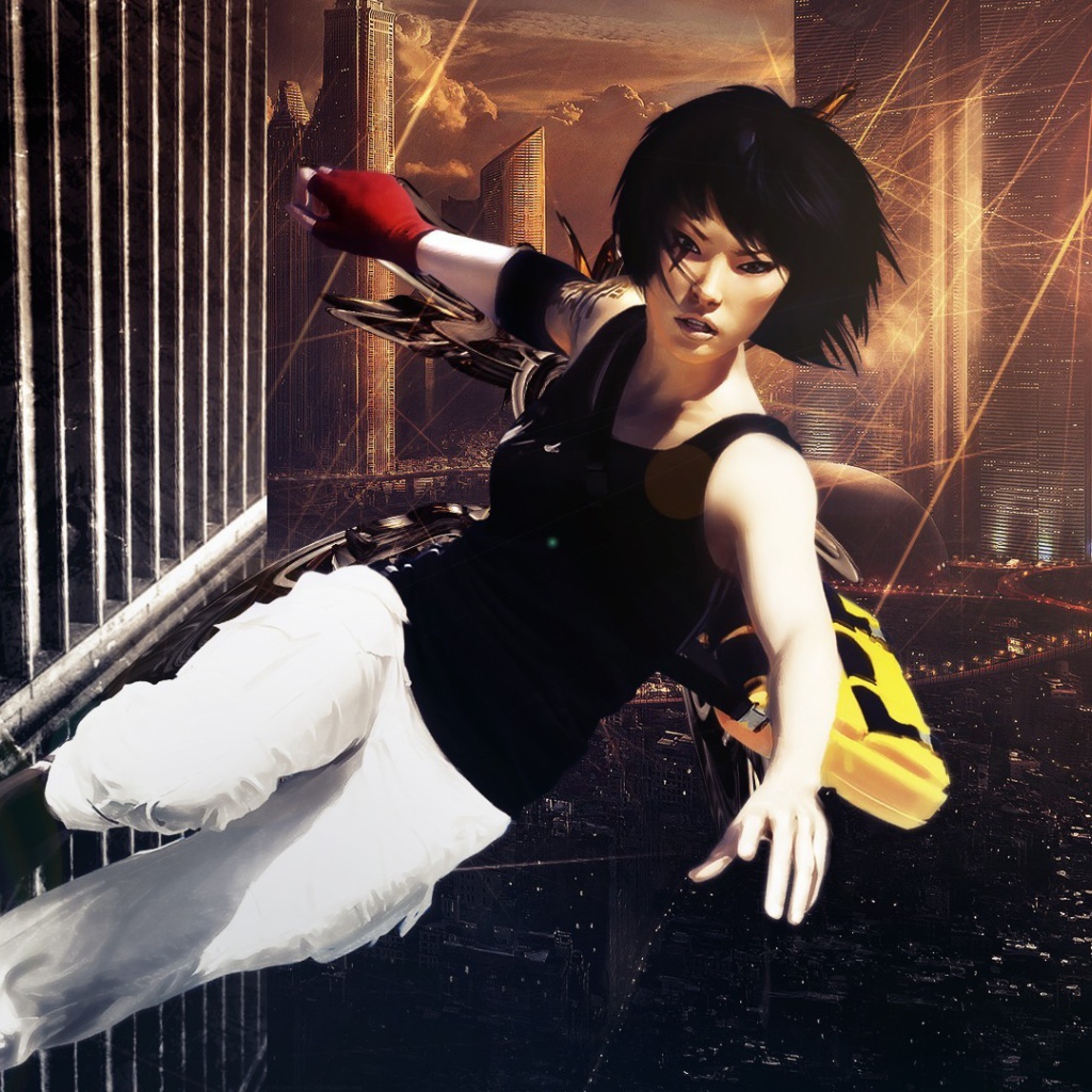 Девушка бежит по стене небоскреба