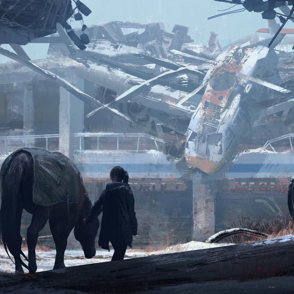 Девушка с лошадью в руинах аэропорта