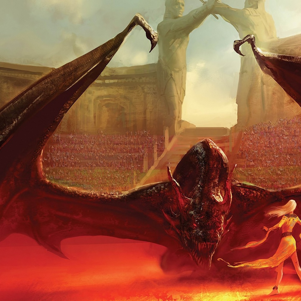 Девушка сражается с драконом на арене