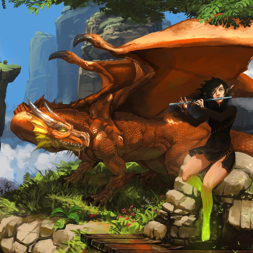 Парень играет на флейте для дракона