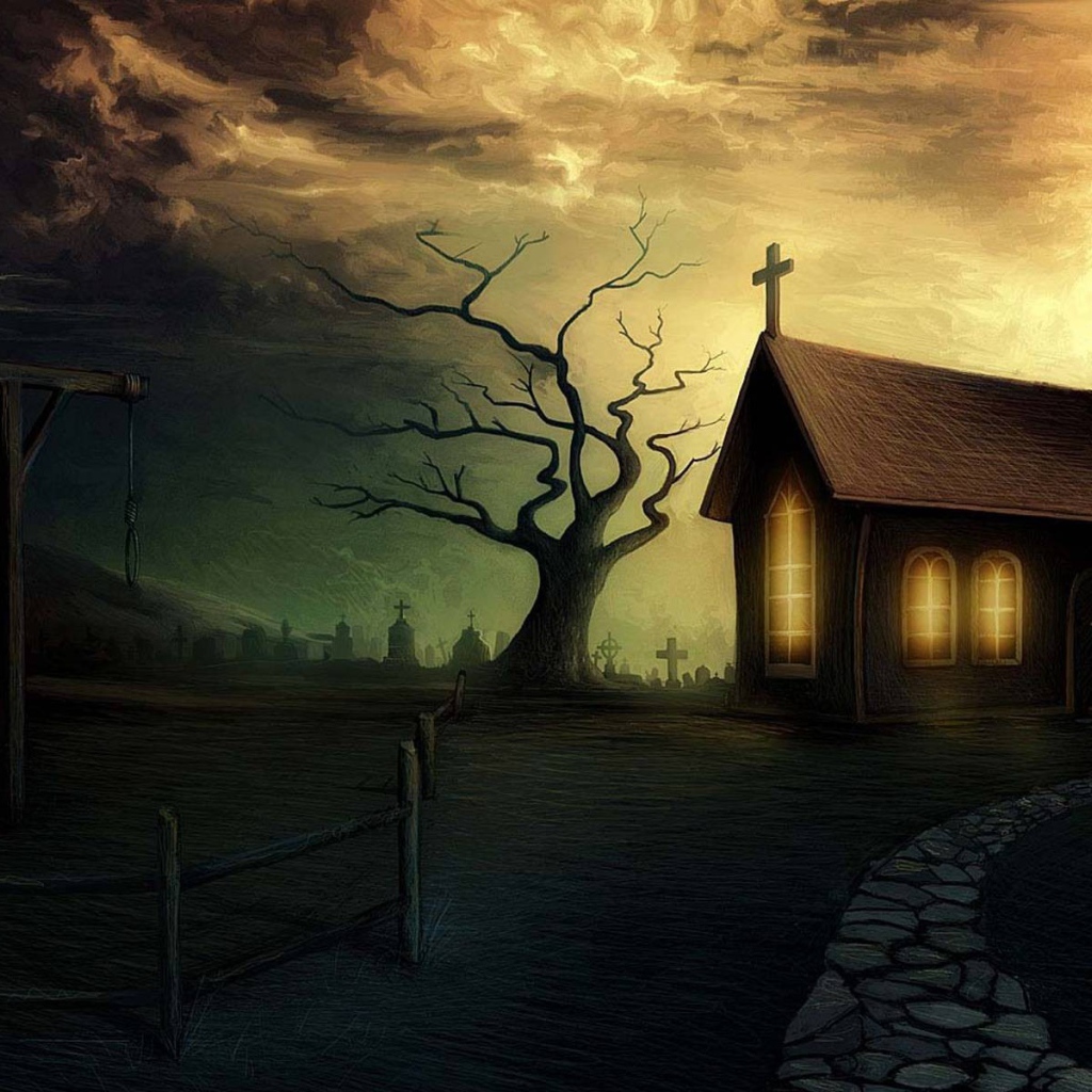 Свет в окнах церквушки и виселица перед ней