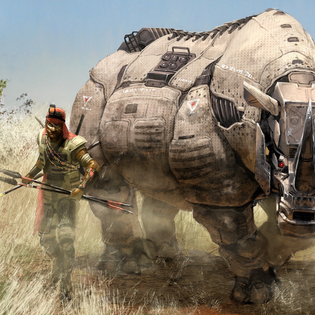 Мужчина с роботом носорогом