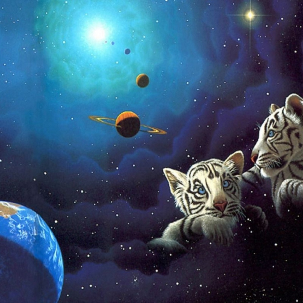 Две белых тигренка в космосе