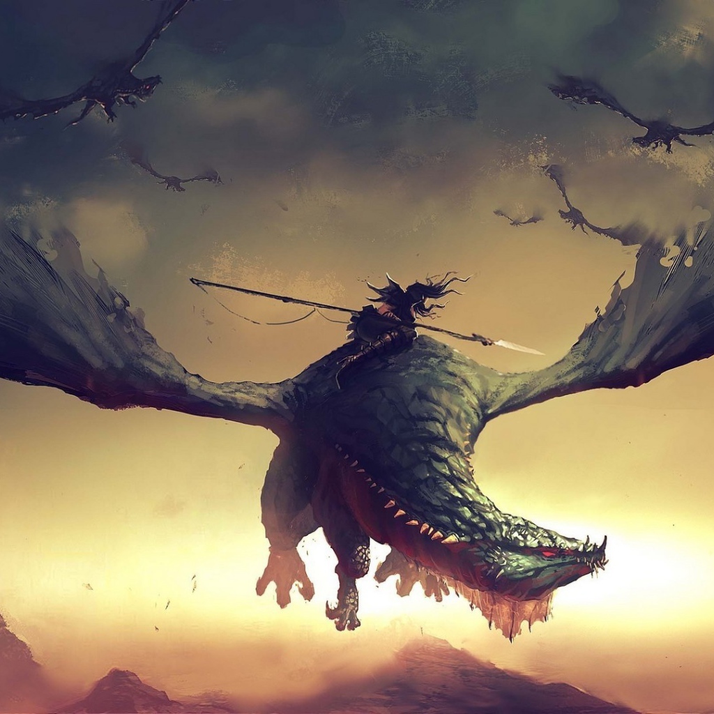 Воин с копьем верхом на драконе