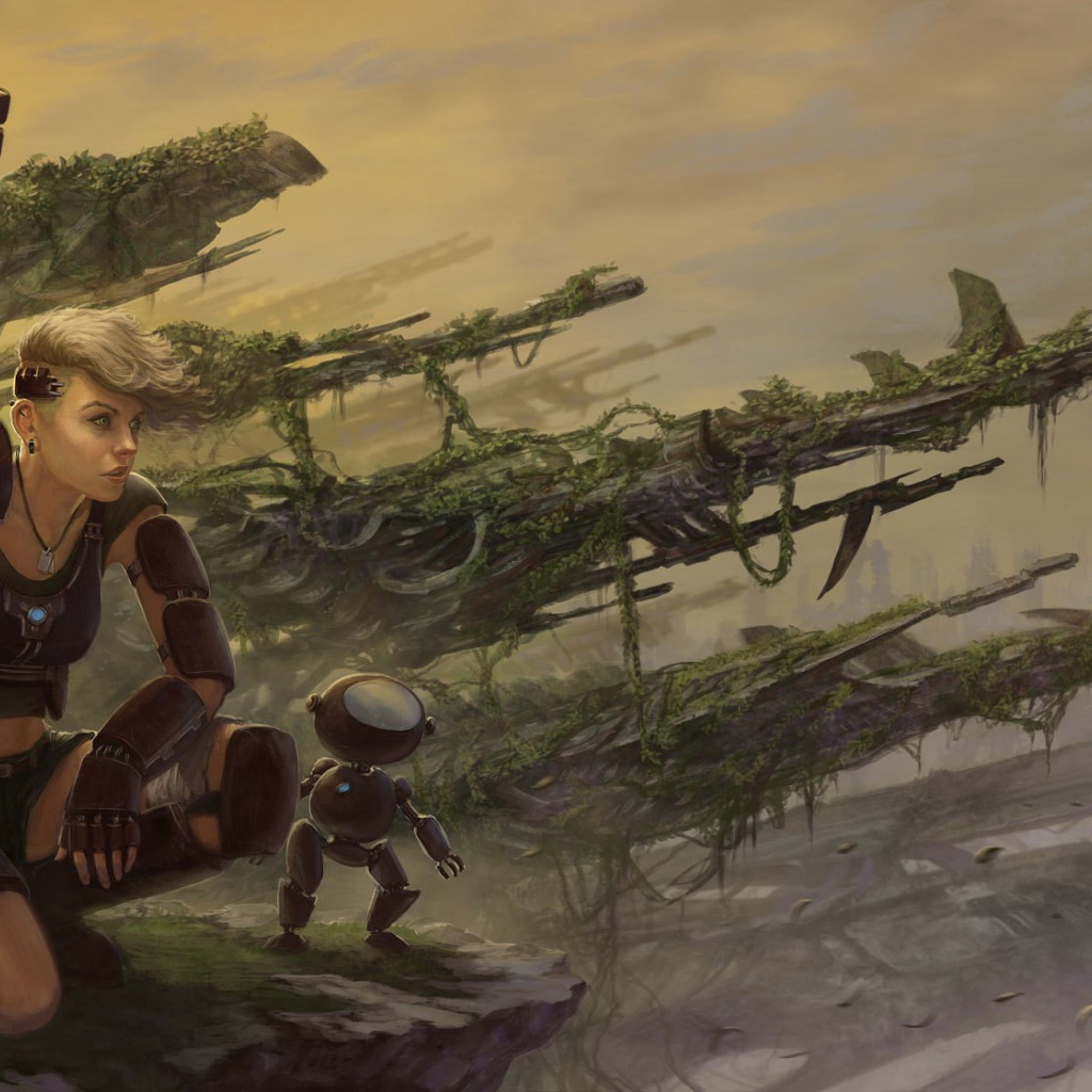 Девушка солдат с роботом помощником