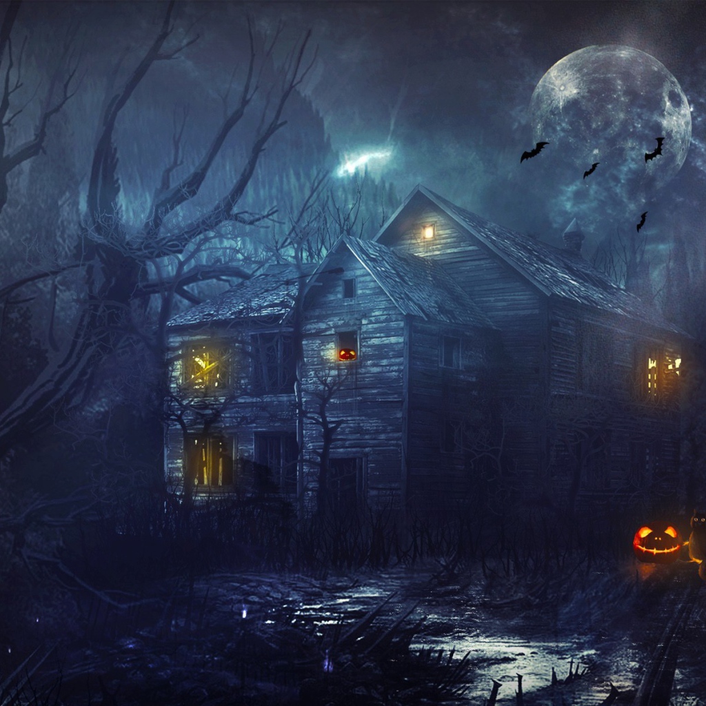 Деревянный дом в чаще леса во время Хеллоуина