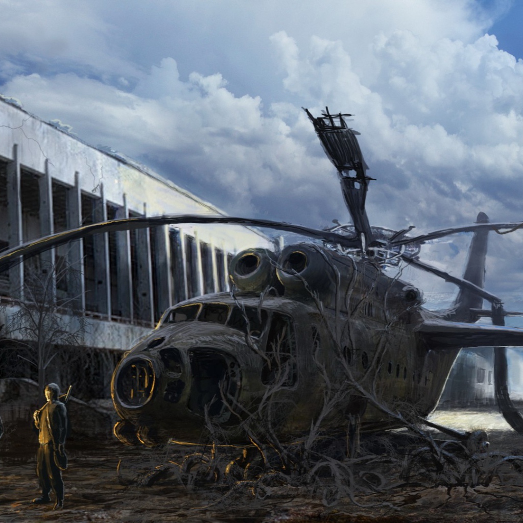 Разбитый вертолет зарос, постапокалипсис