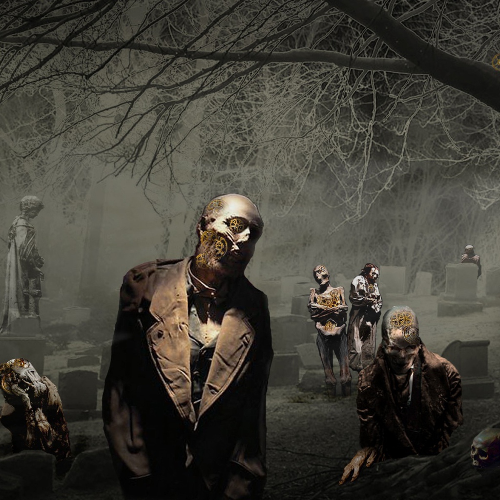 Зомби среди памятников на кладбище