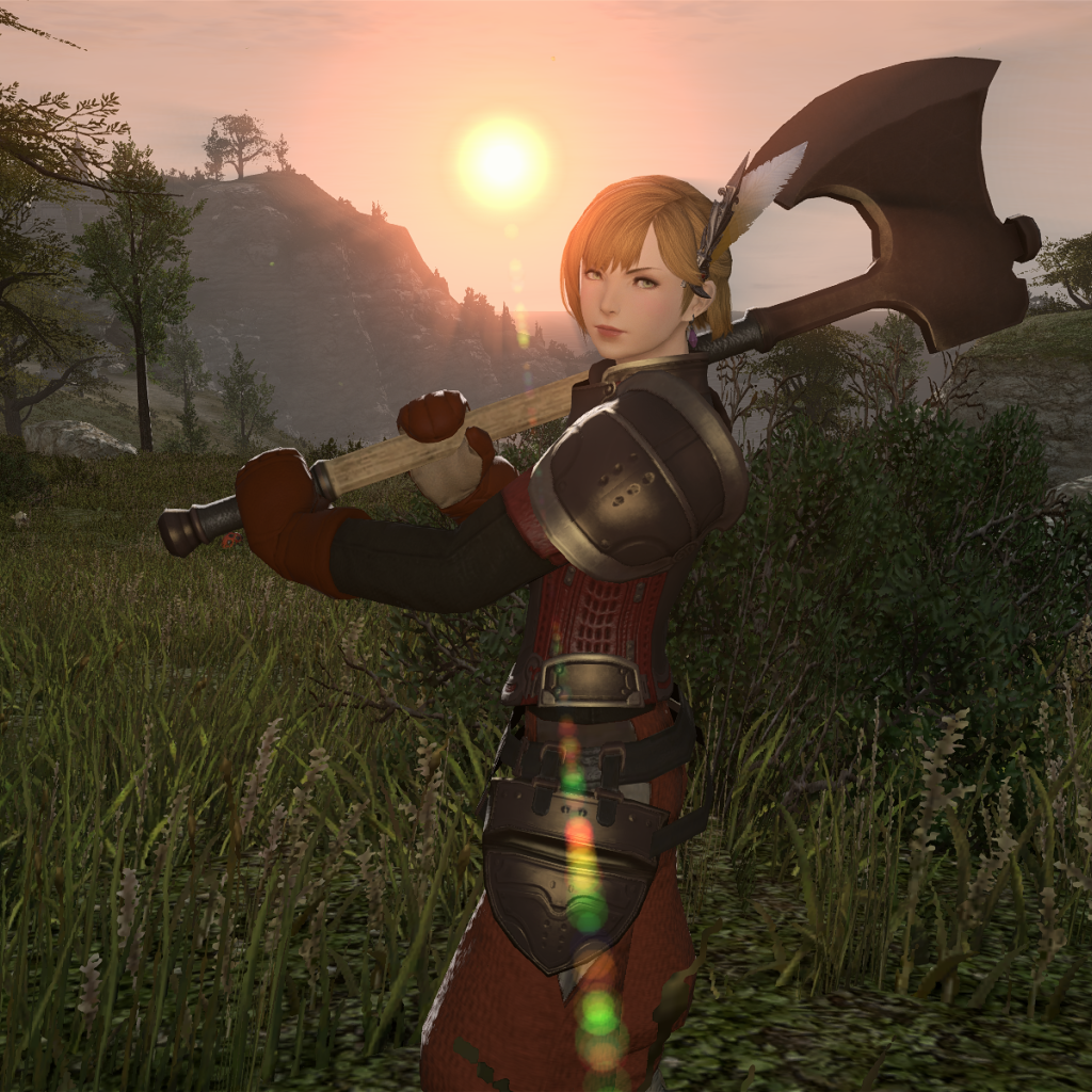 Топор на плече девушки из игры Final Fantasy XIV