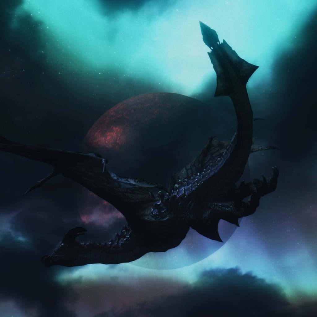 Черный дракон на фоне планеты в игре The Elder Scrolls V Skyrim