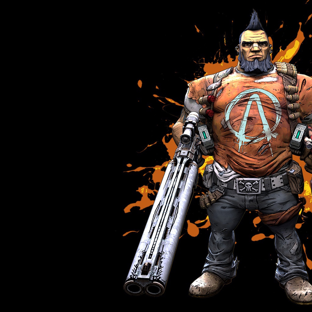 Персонаж игры Borderlands 2 с оружием на черном фоне