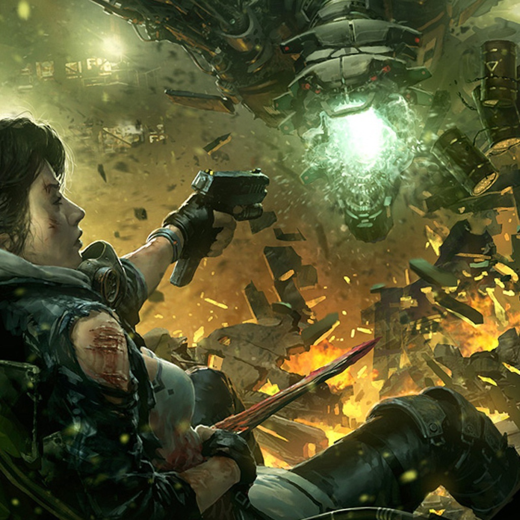 Девушка стреляет в робота в игре Shadowrun Returns