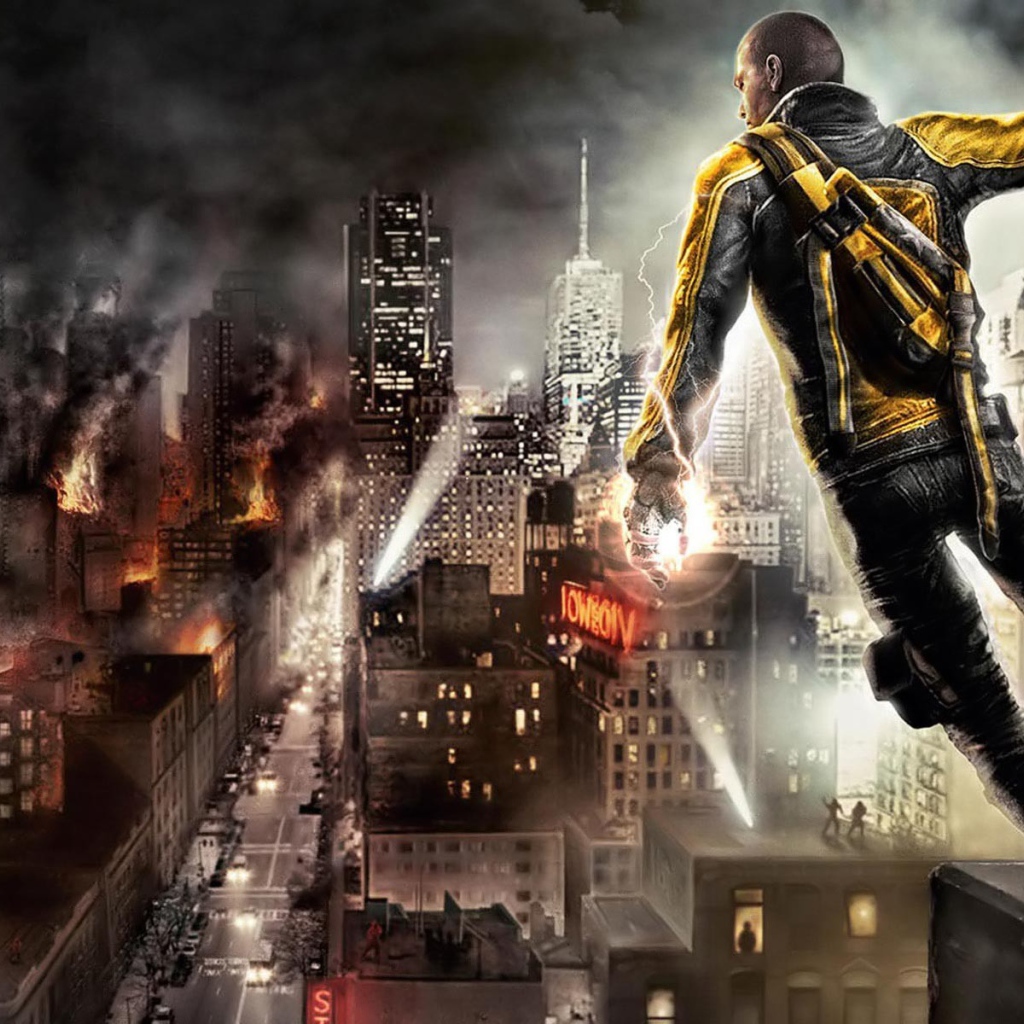 Герой видеоигры смотрит на пылающий город