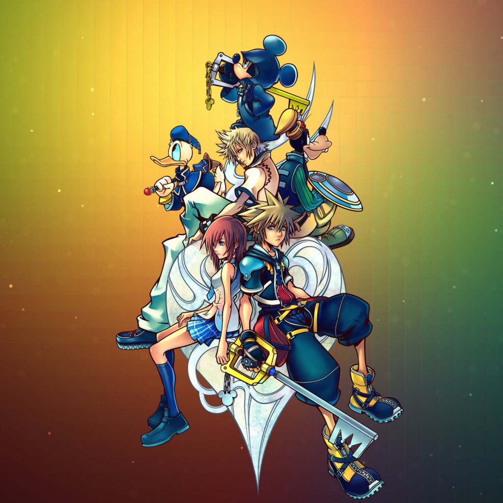 Герои игры Kingdom Hearts на радужном фоне