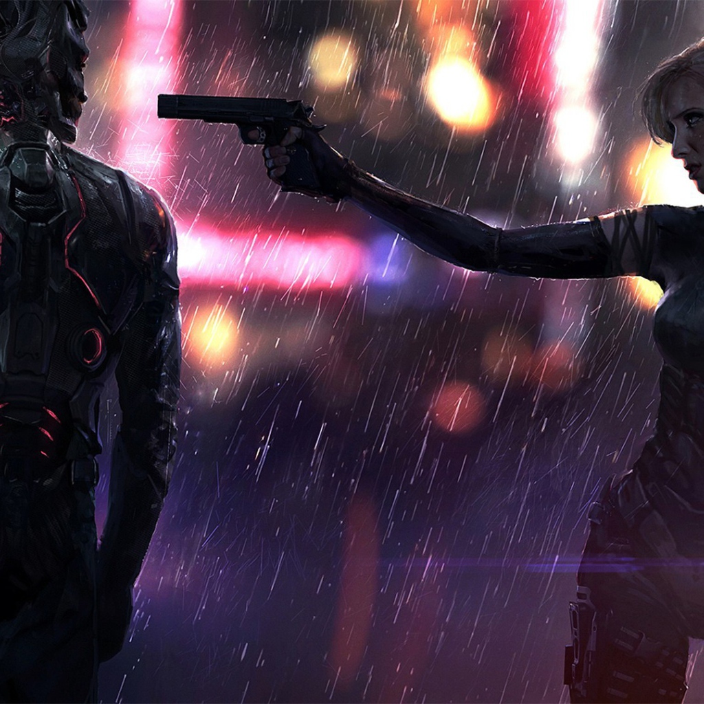 Человек и робот в игре Cyberpunk 2077