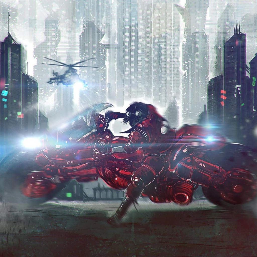 Гонщик Акира уходит от погони на вертолетах