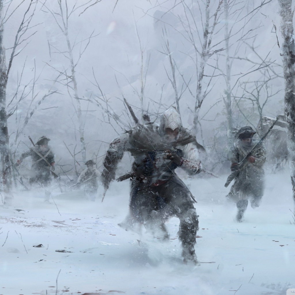 Солдаты в зимнем лесу в игре Assassin's Creed