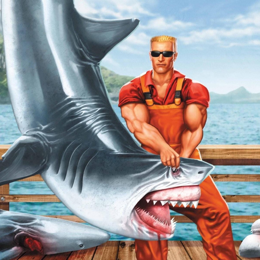 Герой игры Duke Nukem с акулой