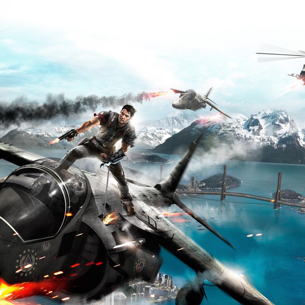Герой игры Just Cause 2 на крыше истребителя