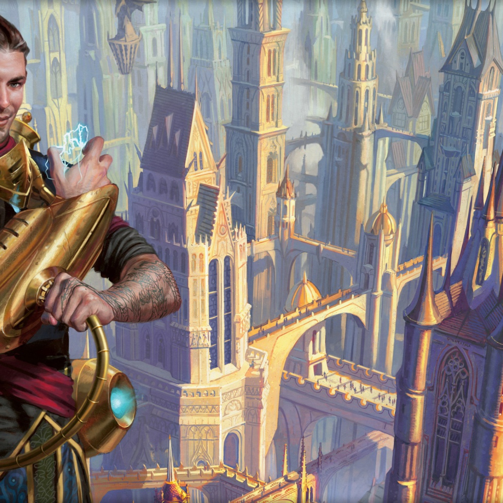Герой игры Magic the Gathering на фоне города