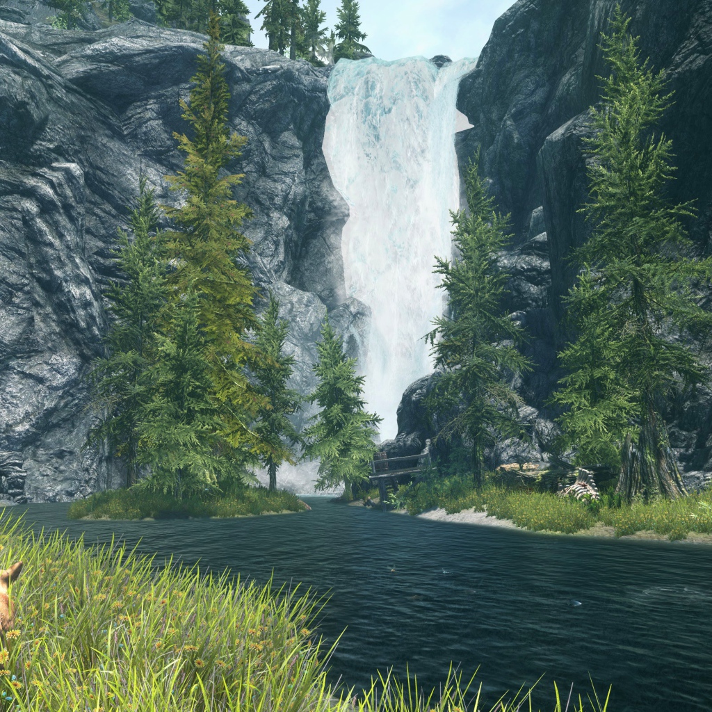 Водопад в зарослях в игре The Elder Scrolls V Skyrim