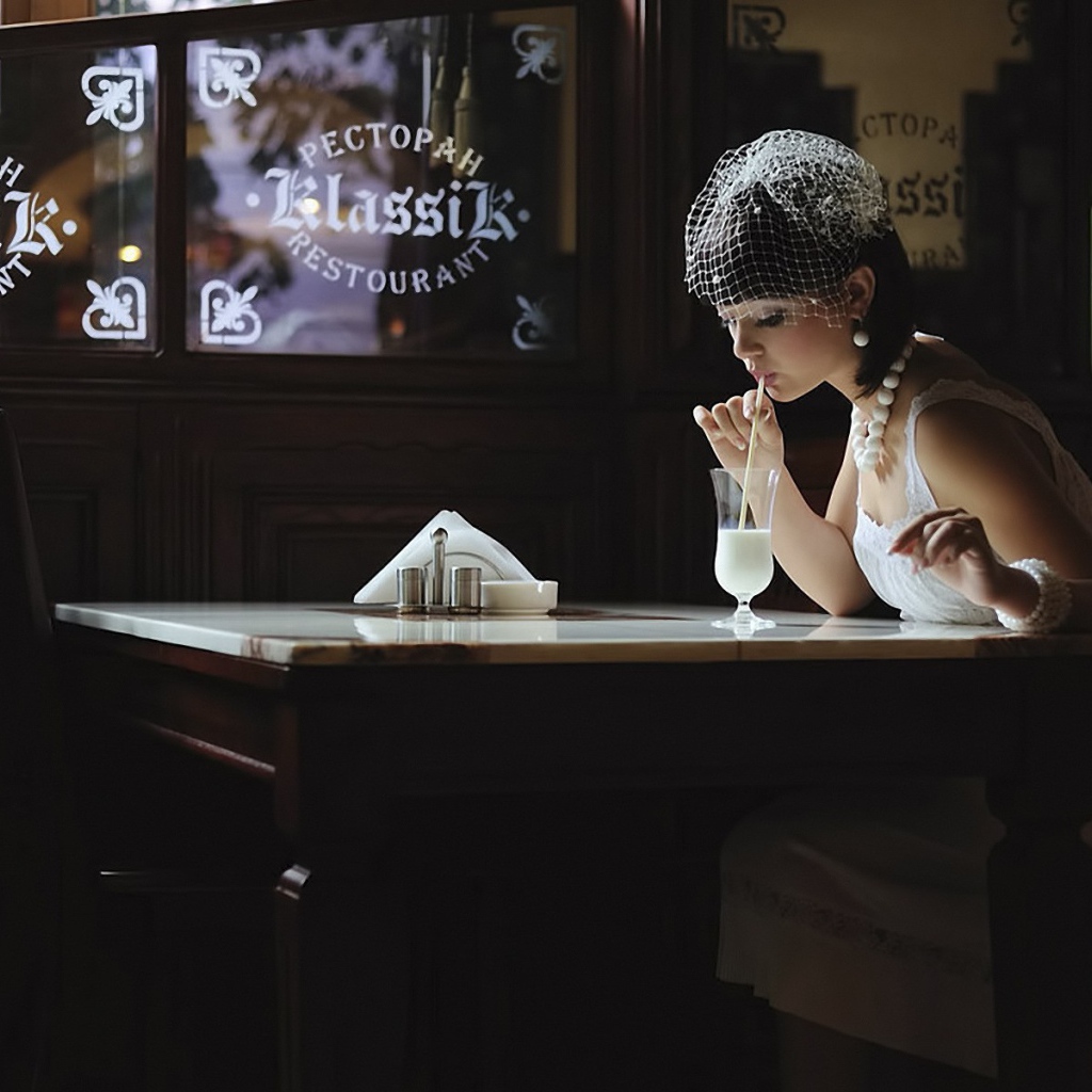 Девушка в белом платье пьет коктейль в ресторане