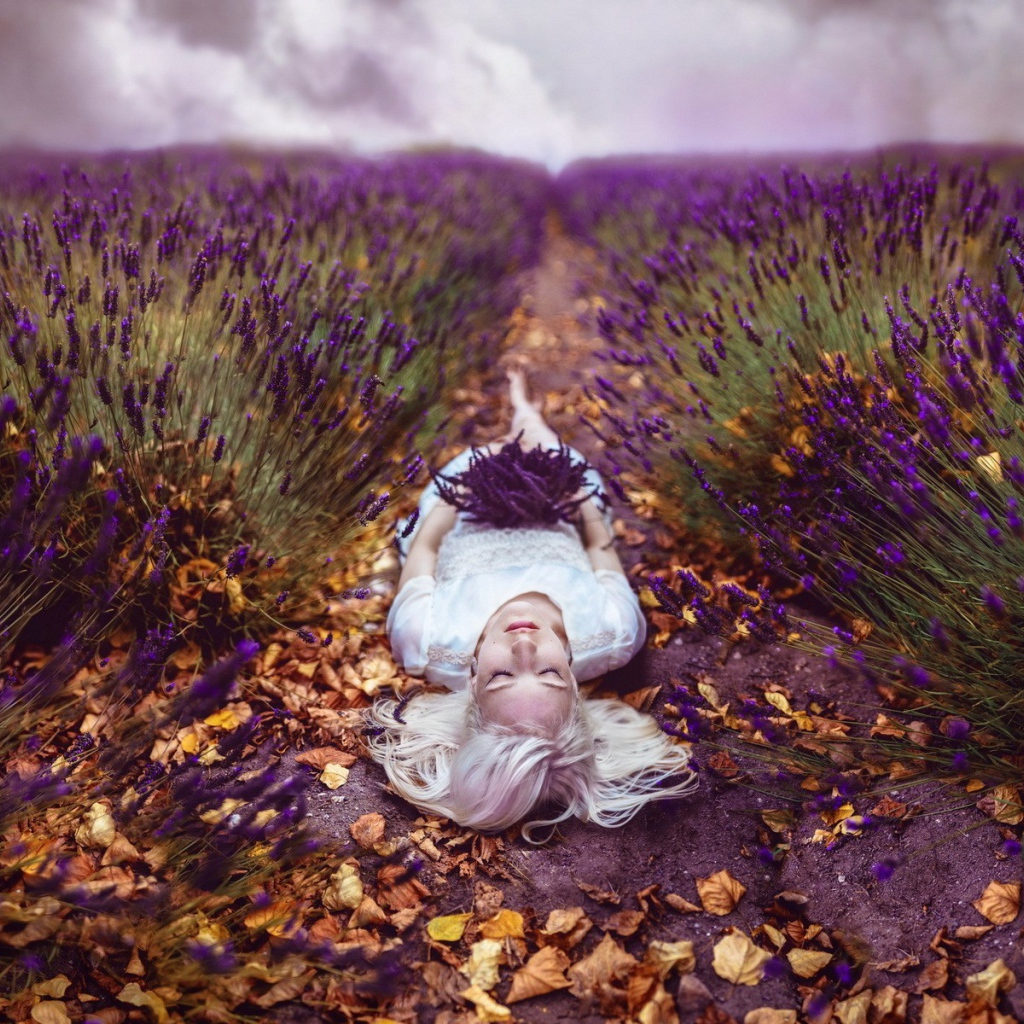 Блондинка лежит на тропе среди поля лаванды