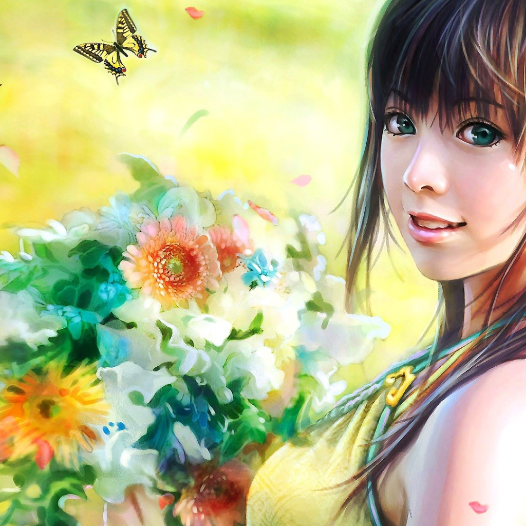 Милая японская девушка с букетом цветов