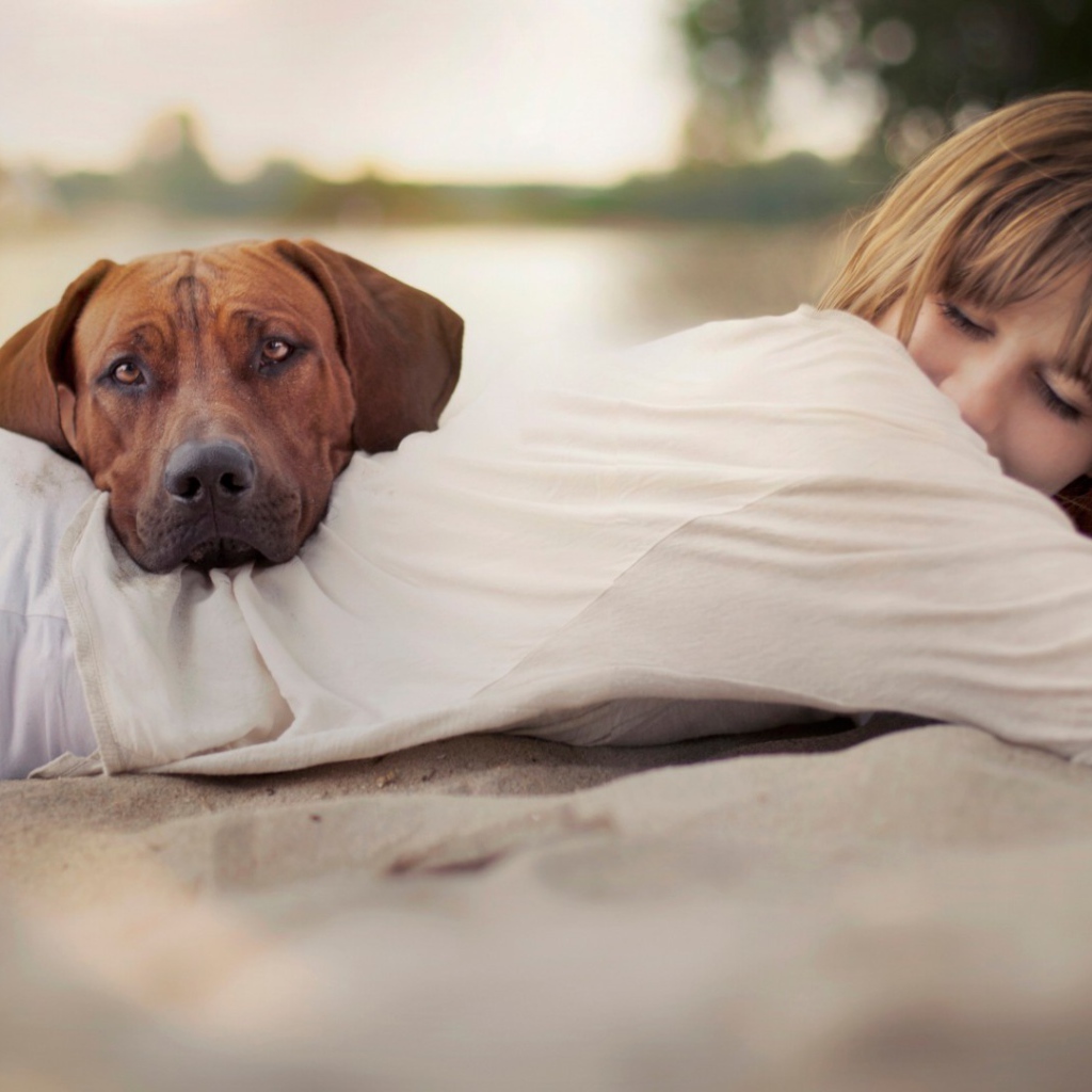 Собака положила голову на спину девушки