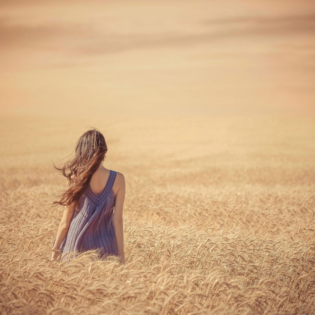 Девушка среди поля спелой пшеницы