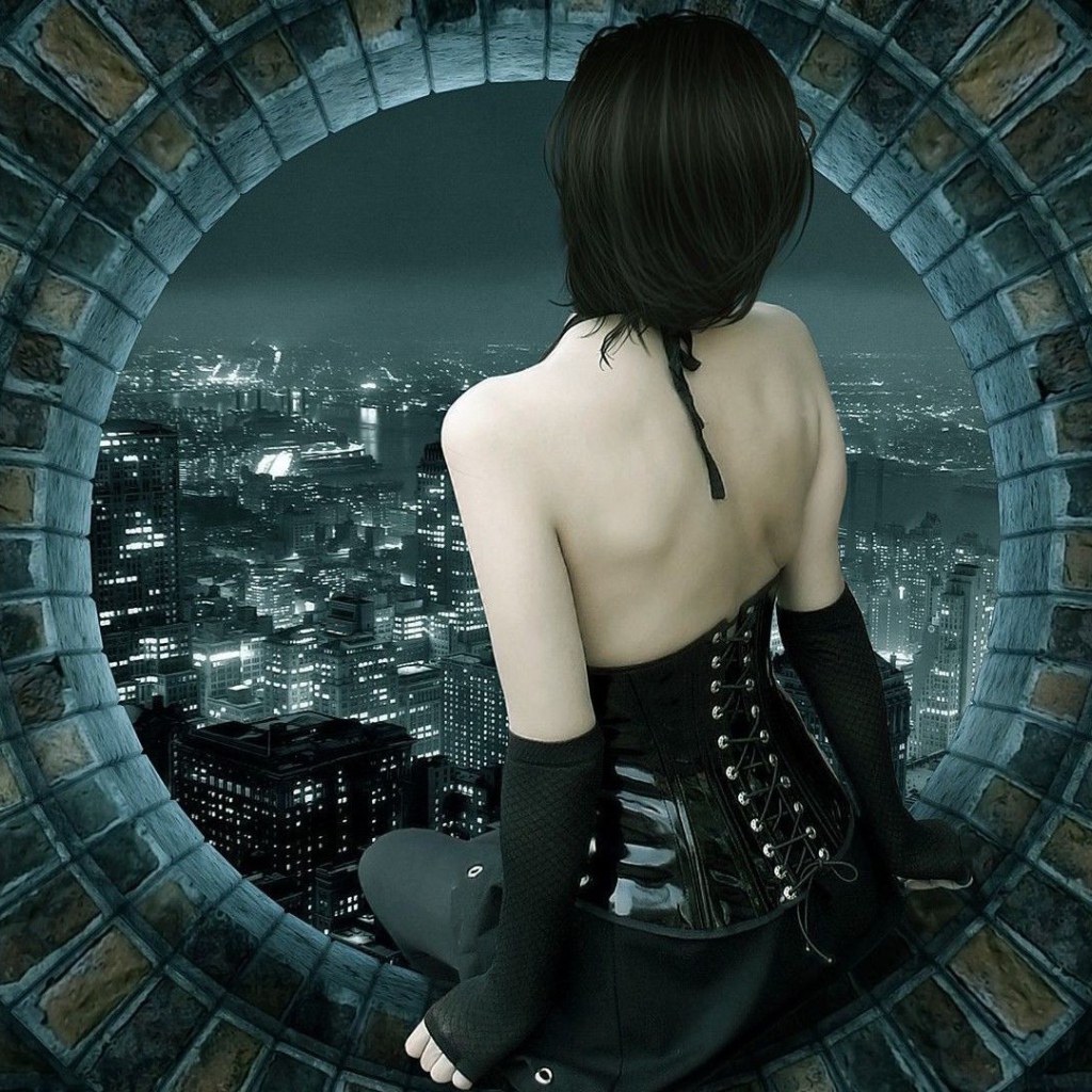 Девушка сидит на круглом окне