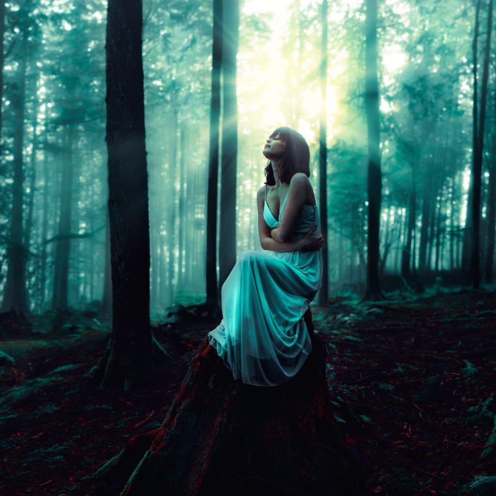 Девушка сидит на старом пеньке