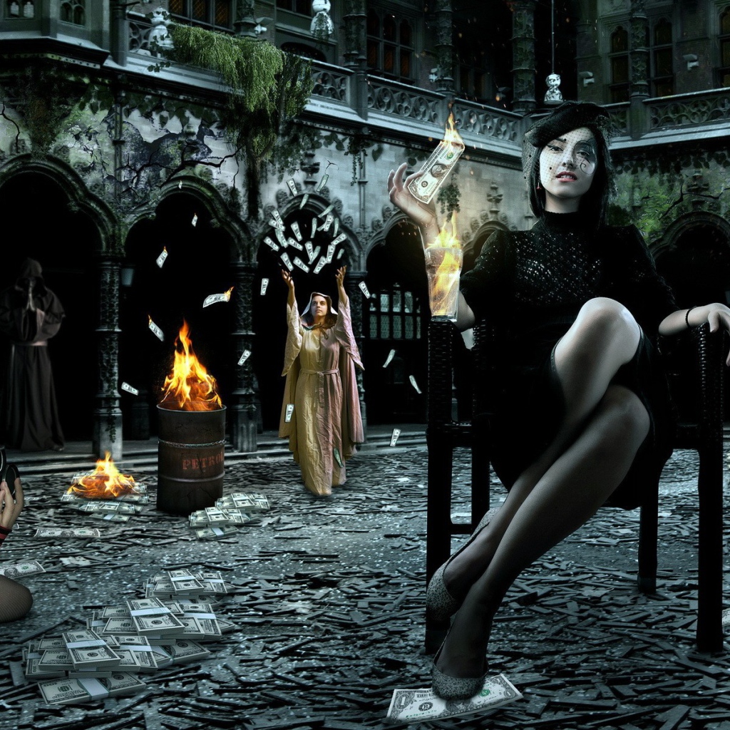 Девушки жгут доллары