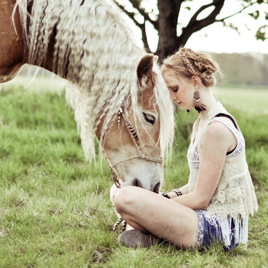 Лошадь прислонилась к девушке