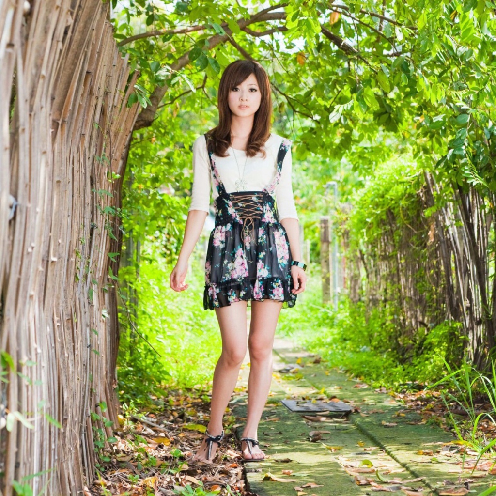 Японская девушка у бамбукового забора