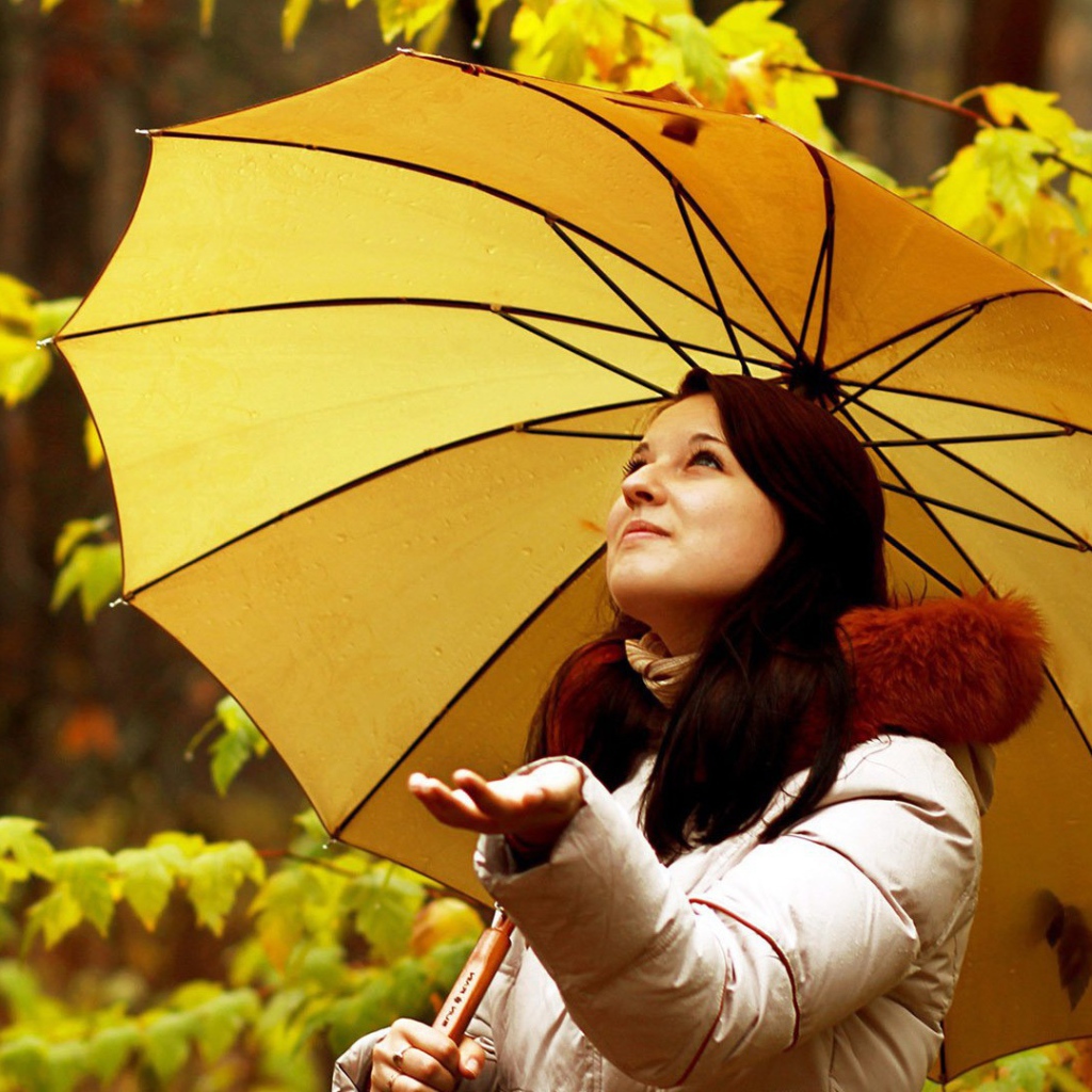 Милая девушка ловит капли осеннего дождя